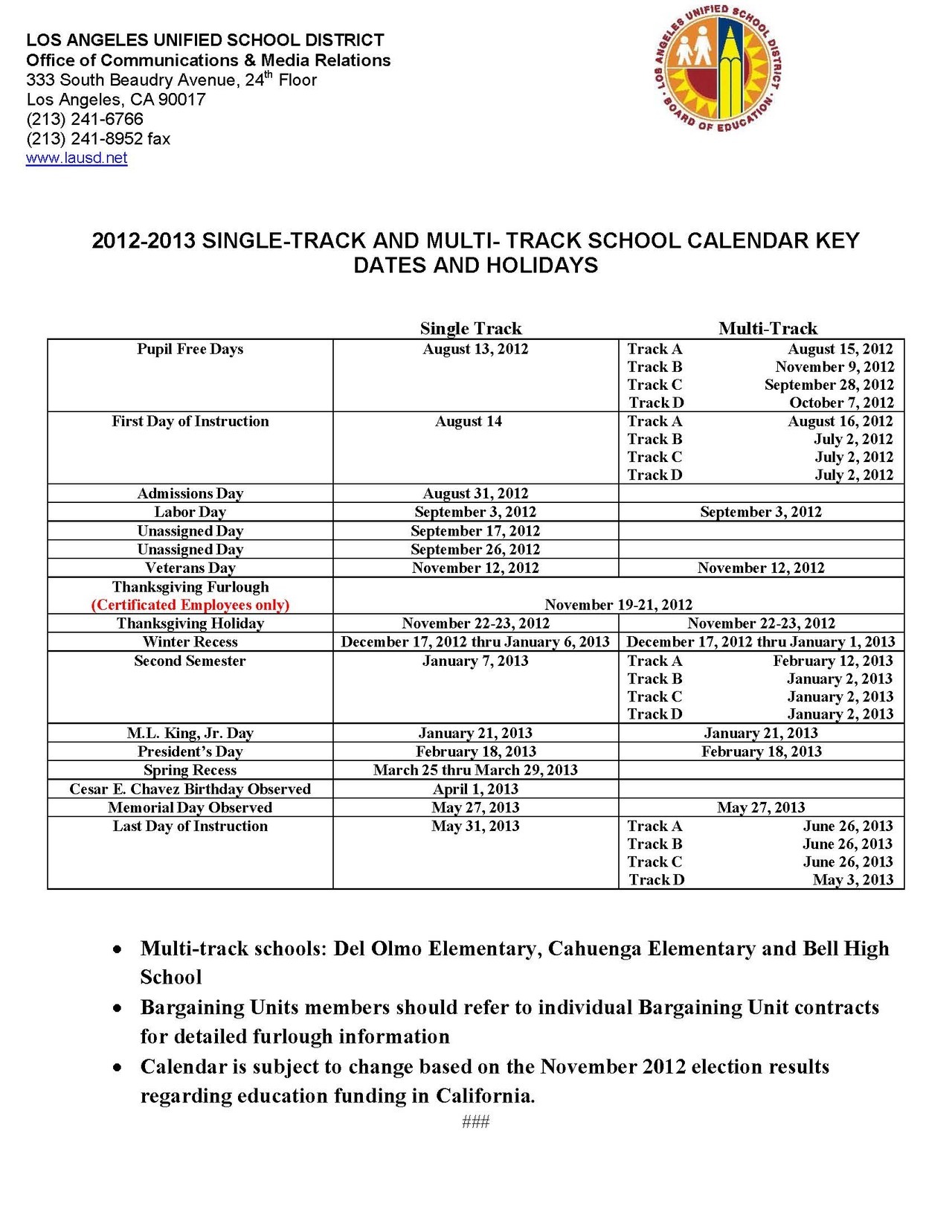 LAUSD Here Is The Key Dates School Calendar For Single 