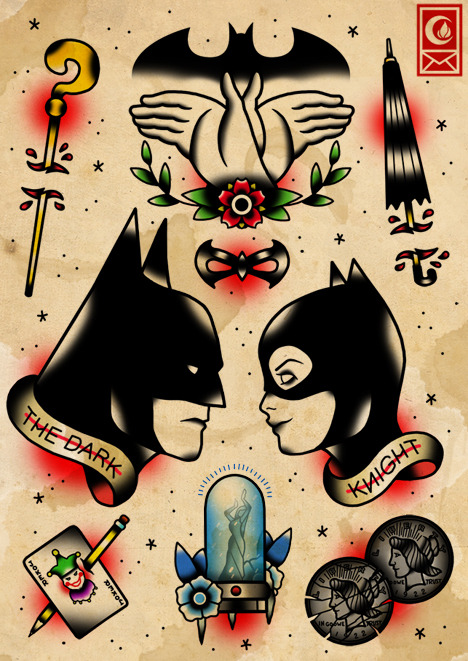 chookiemunster:  nashvillehatesyou:  herochan:  Superhero Tattoo Flashes Illustrations