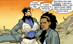 dragondeviant:   maratini:  Stop looking at my chest, fleshy one.  Reasons there needs to be a Machine Man/Nextwave agents of H.A.T.E movie number 3.   I have no idea what&rsquo;s going on.