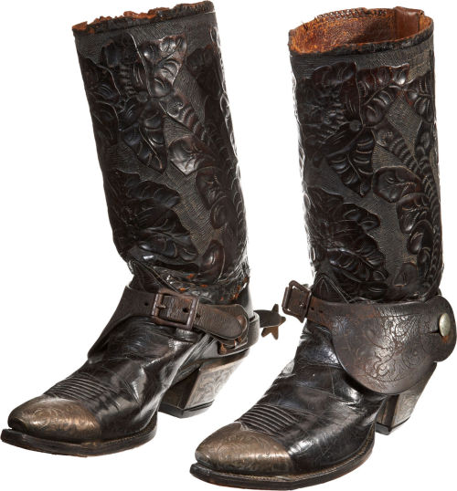 ca. 1890&rsquo;s, [hand-tooled leather cowboy boots with with a floral motif, etched silver moun