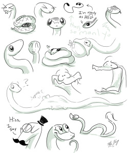 aliceapprovesart:  Still full of cutie-patootie snake feels. Have a bunch of silly snake doodles!   augh omg there&rsquo;s too much cute on this page