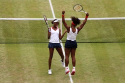 olympics:  Serena Williams and Venus Williams of the United States celebrate after defeating Andrea Hlavackova and Lucie Hradecka of Czech Republic in the Women’s Doubles Tennis gold medal match.   Photo by Clive Brunskill/Getty Images