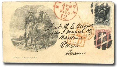 ca. 1864, [George Washington patriotic cover envelope, Magnus design, usage to France] via Heritage 