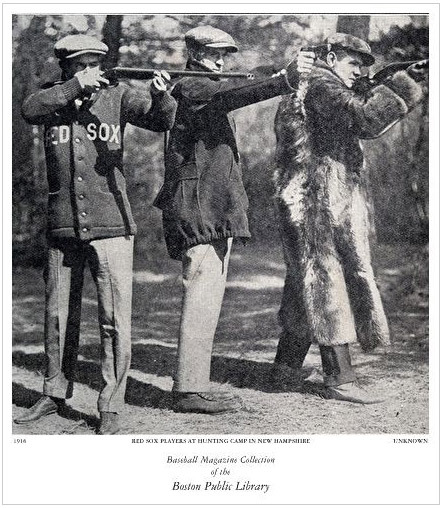 Babe Ruth(right) gets in some target practice with his fellow Red Sox teammates, 1916.