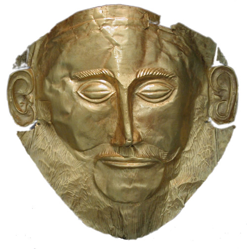 ancientart: Ancient Mycenaean funeral mask identified as the mask of Agamemnon, gold, found in Tomb 