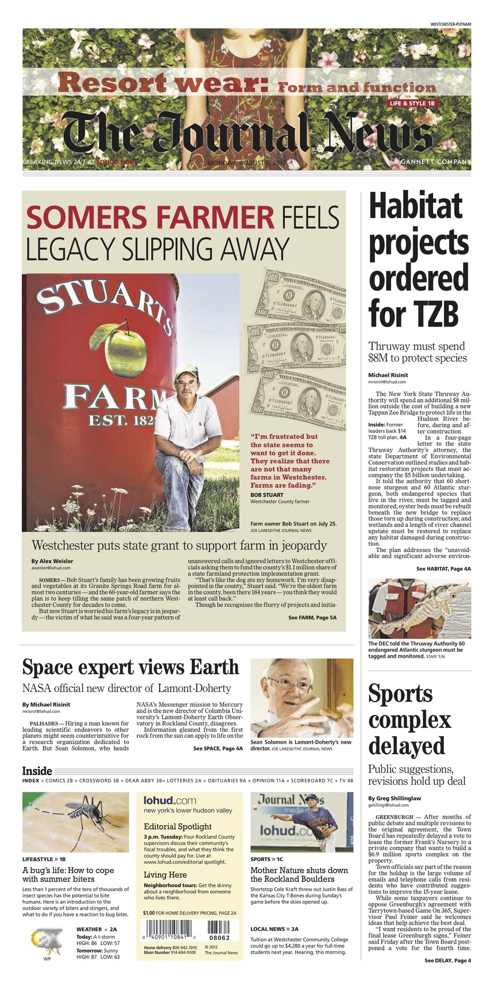 Page one headlines:
SOMERS FARMERS FEELS LEGACY SLIPPING AWAY
Habitat projects ordered for TZB
Space expert views Earth
Sports complex delayed