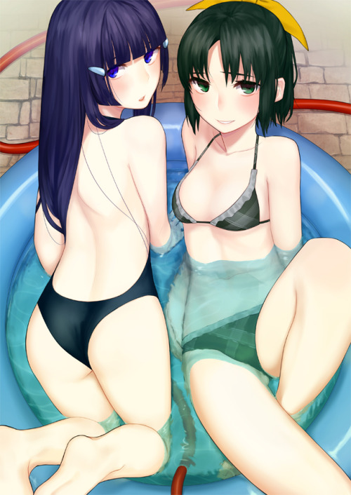 uinyan:2girls aoki reika ass back bare shoulders bikini blue eyes blush bow green eyes grin hair bow