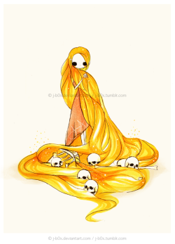 j-b0x:  The Secret of Long Hair - Rapunzel Another piece from ‘Mad like Us’ this picture depicts Rapunzel as a killer who lures men into her tower, eats them and combs her hair with their bones and nourishes her hair~ 