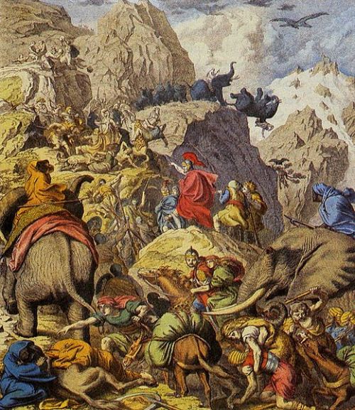 collective-history:Depiction of Hannibal and his army crossing the Alps during the Second Punic War.