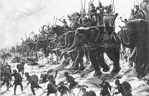 collective-history:Carthaginian war elephants engage Roman infantry at the Battle of Zama (202 BC).S