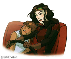 quillery:  Korrasami fluff for Ari! &lt;3 Korra gets sleepy on long car rides. And I just want to draw Asami’s hair forever and ever and ever.  giggle &lt;3