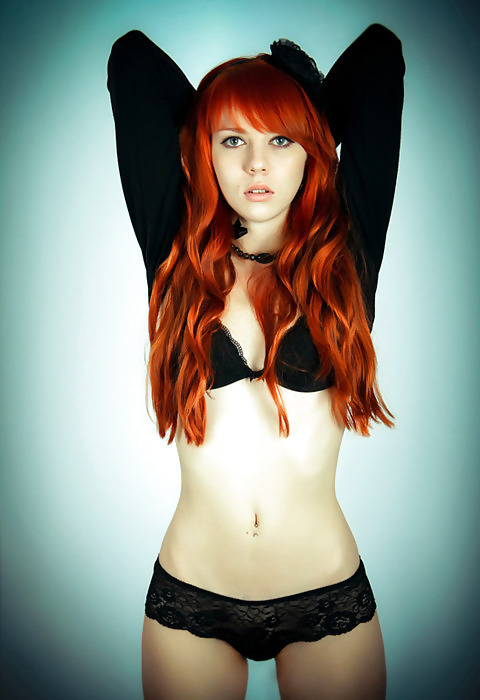 Porn Pics Black lingerie redhead.