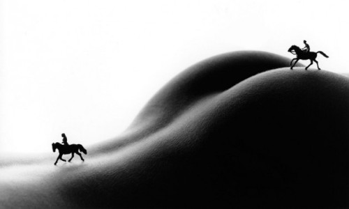 designoclock:  Bodyscapes by Allan Teger. Allan uses nude bodies as the landscape backdrop for his miniature scenes. The tasteful black and white images make interesting and fun use of the nude body, sometimes in a very obvious way and other times in