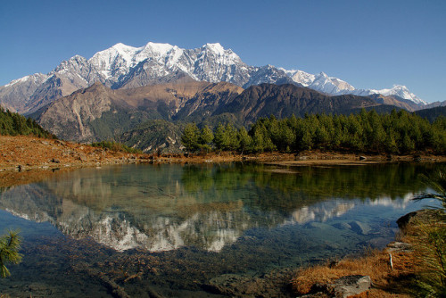 Annapurna Range reflected in Sekong Lake, Nepal (by Rejselyst).