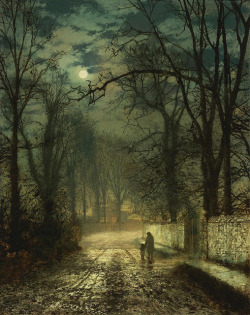 intothecellar:  John Atkins Grimshaw. A Moonlit Lane. 1874.