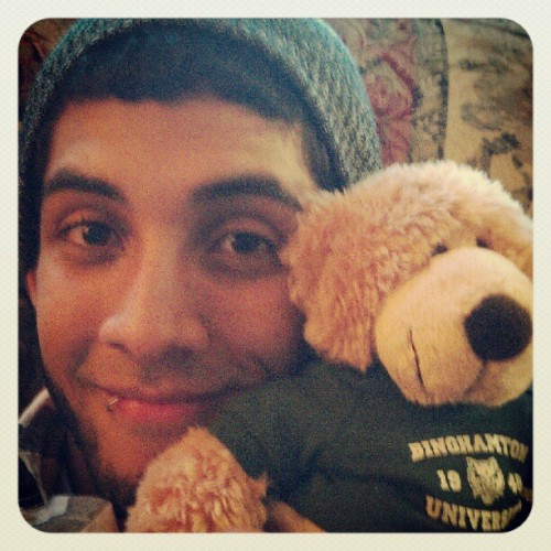 So apparently its #bestfriendsday so obviously I have to upload the cutest picture I own of mister Alex with the Binghamton bear I gave him <3 @eyesoftheinsane243  (Taken with Instagram)