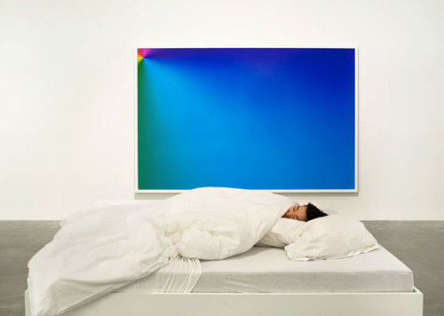 museumuesum:  (foreground) Chu Yun, This Is XX, 2006, female participant, sleeping pill and bed (background) Corey Archangel, Photoshop CS: 72 by 110 inches, 300 DPI, RGB square pixels, default gradient ‘Spectrum’, mousedown y=1416 x=1000, mouse up