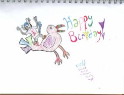 eileensbooty:  Birthday doodle/drawing thing for ArtemisPanthar so hAPPY BIRTHDAY MY FRIEND ♥   THIS IS SO CUTE. I would ride the hell out of all the toucans were I not liable to crush them irl XD Lookit all the colors! :D omg, thanks for drawing Artie