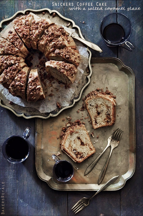 wehavethemunchies:  Snickers Coffee Cake with a Salted Caramel Glaze 