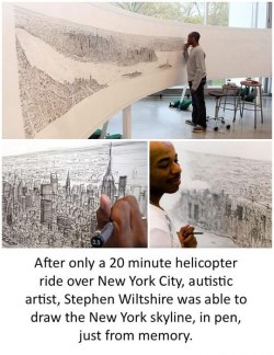 Después de solo 20 minutos en helicóptero sobrevolando la ciudad de Nueva York, el artista autista, Stephen Wiltshire fue capaz de dibujar el perfil de Nueva York, con un bolígrafo, sólo de memoria.