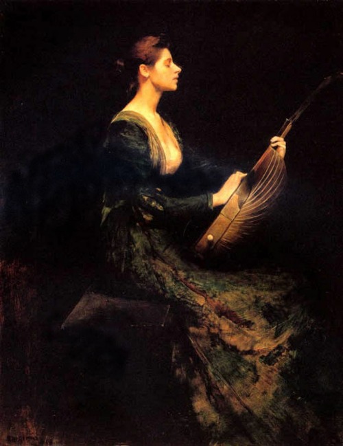 Lady with a Lute (1886). Thomas Wilmer Dewing (American, 1851-1938). Oil on wood. National Gallery o