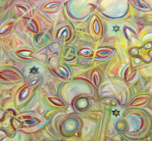 infinitesimal quantum circus oil on canvas 36  X  36Milling swarming emotionslike bees buzz in my he