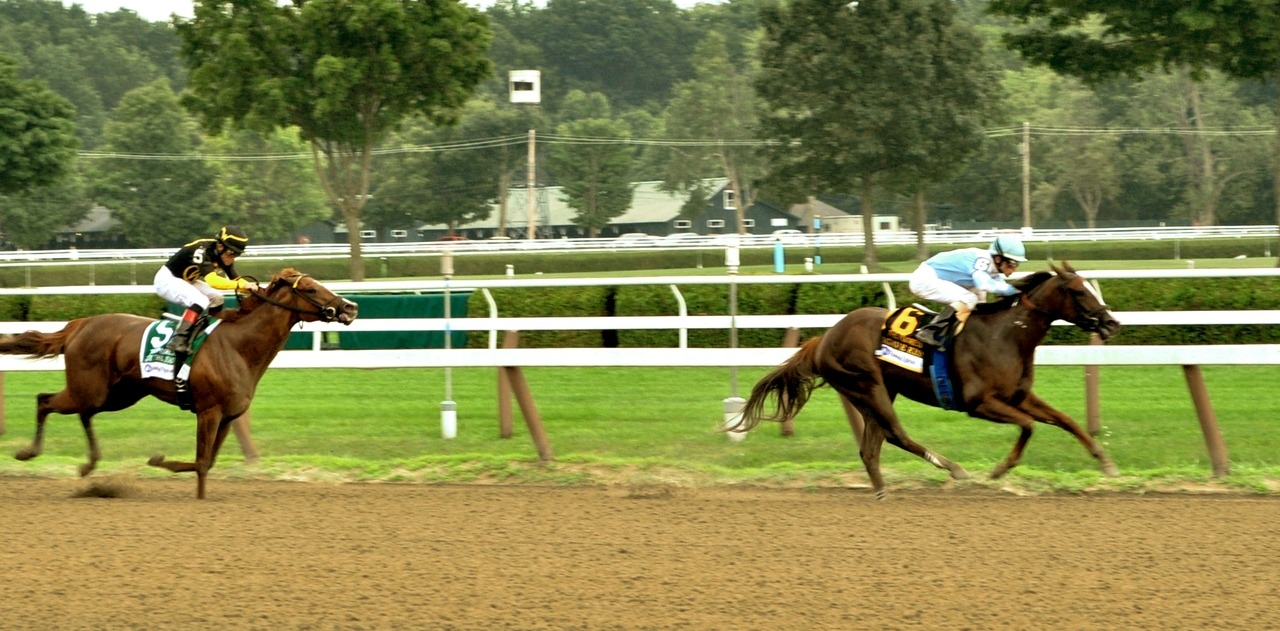 Agave Kiss looked like a winner barreling down the stretch before #5 Judy the Beauty caught her and both were caught at the wire by Emma’s Encore in the Prioress Stakes (I) (Photo by Dawna Wood/GallopingHatRack.com)