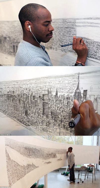 After a 20-minute flight over the city of New York, Stephen Wiltshire, diagnosed with autism, draws 