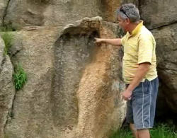 yourmaj3sty:     Michael Tellinger with an incredible imprint, in the woods near the border between Swaziland and South Africa. The giant’s footprint has a length of 120 cm and is engraved in granite 5 toes are clearly visible and it seems that the