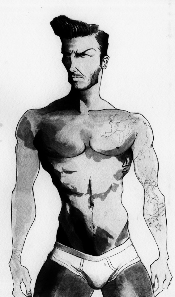 "David Beckham" Illustration, Quick Ink Wash Sketch Of David. Illustrated By Christian Cimoroni