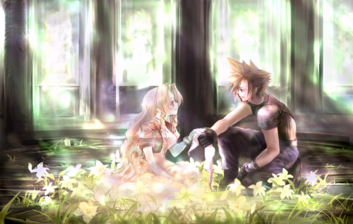 helentastico:  Cloud visits Aerith A really gorgeous, sad piece of artwork here. Definitely one of my favourite pairings. 