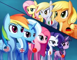 theponyassociate:  arborgreen:  ask-cult-leader-fluttershy:  xxstrikerfoxx:  Pinkie is Soviet, AJ is Germany, Fluttershy is Japan, can’t see Twi’s, Derpy is Italy, Trixie is British, and Rarity i think is France, mabey? RD is America.  Uguu…  ((Rarity