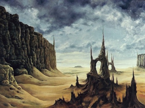 siryl:  “Landscape with Spikes” (top) and “Landscape with Tower” (bottom) by Jiří Štamfest recall the eerie, desolate scenery of Surrealists like Giorgio de Chirico and Salvador Dalí.