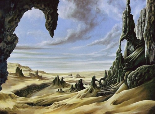 siryl:  “Landscape with Spikes” (top) and “Landscape with Tower” (bottom) by Jiří Štamfest recall the eerie, desolate scenery of Surrealists like Giorgio de Chirico and Salvador Dalí.