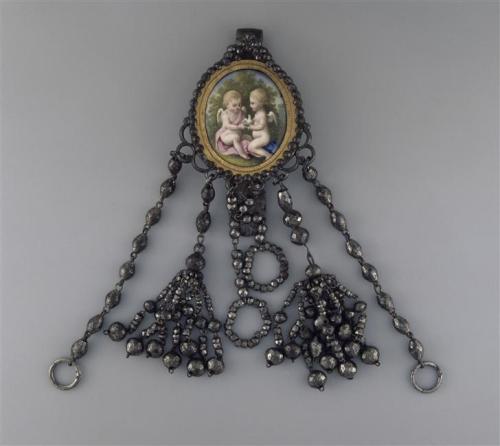 18thcenturylove:A chatelaine with an enamel medallion with two cherubs and a bird by Unknown