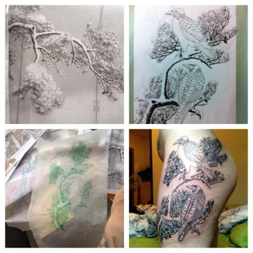 therealkatiewest:Progress. The left side is two crows in winter on snow-covered branches. The othe