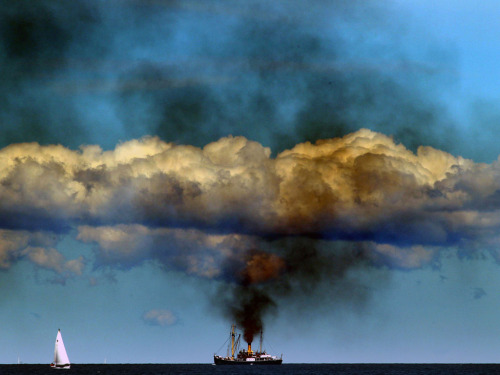 The Bussard steam boat built in 1905 parades on the Baltic Sea during the Hanse Sail festival
photo by Bernd Wuestneck