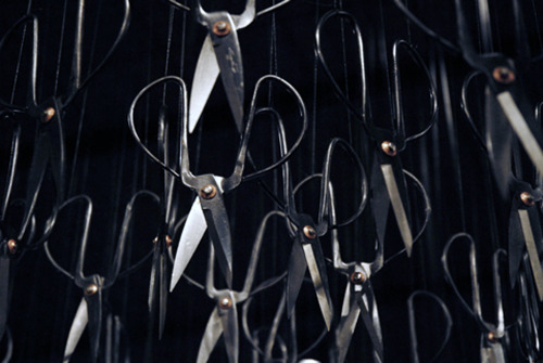 Beili Liu - The Mending Project (2011)“…Hundreds of Chinese scissors suspended from the ceiling in a