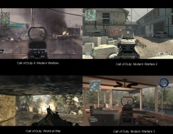 shasties:  This is the Evolution of Gaming. These are four separate Call of Duty titles. Can you spot the difference? I took a look today and just four of my friends have a combined time of over 2,546 hours in this game series. And that’s not even all