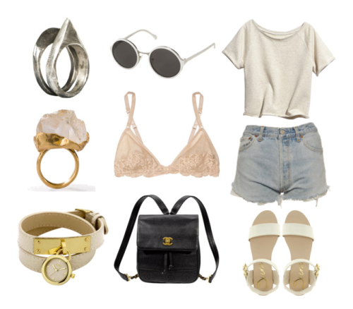 what-do-i-wear:  Unearthen Two Eye Ring Set 90’s Metal Insert Sunglasses H&M Conscious collection Tee Design Break crystal ring Triangle bra: La Perla Hearts & Bows Light Wash OASIS Wrap Bracelet wtach Chanel Vintage Leather Backpack Dune Gilda
