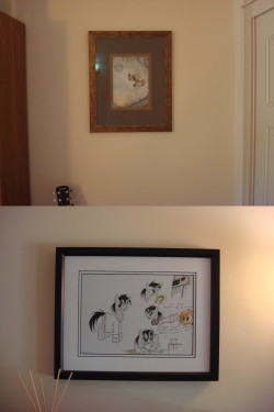  I got my commissions framed and hung finally, in case you want to see them fancied up.  :-)  Sorry for the poor photo quality.  oh NICE I&rsquo;m always so happy to see where my drawings ended up