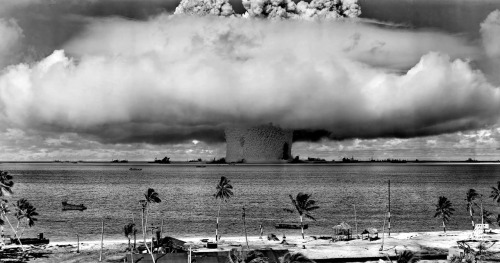 Bikini Atoll, 1946A massive column of water rises from the sea as the U.S. detonate an atom bomb at 