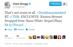 soldatdhiver:  [Tweet via @ClarkGregg: That’s not sexist at all. #DoubleassstandardRT @THR: EXCLUSIVE: Kristen Stewart Dropped from ‘Snow White’ Sequel Planshttp://bit.ly/Noc4rJ ] 