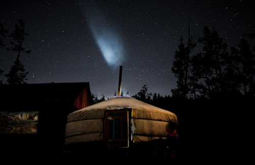 This is a 30-second exposure of a ger in northern Mongolia near the Russian border. The smoke rising