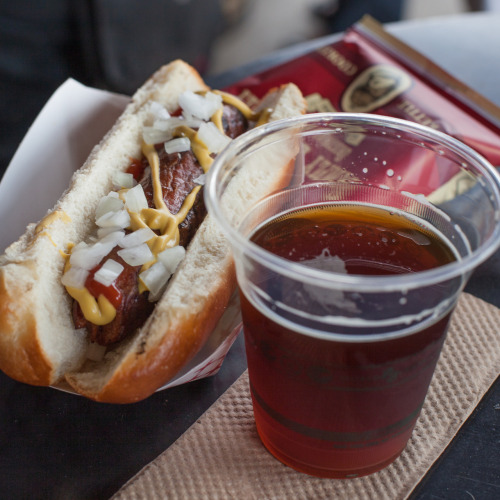 Hot Dog from Trueburger and Red Lager from Linden St. Brewery for Commonwealth Cafe and Pub, Oakland.