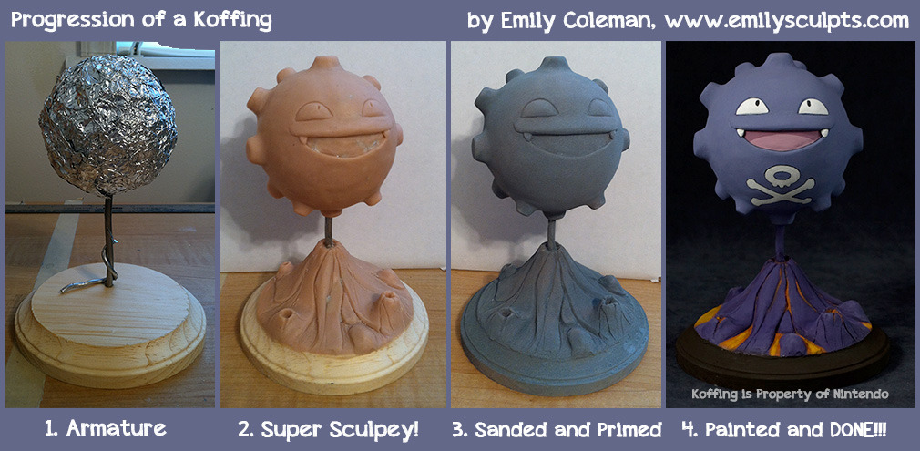 emilysculpts:  A commission of Koffing!  I put a solid wood ball in the center of