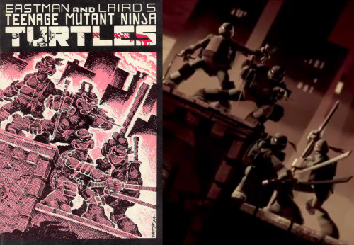 So I think it’s really cool that the new Teenage Mutant Ninja Turtles opening has the turtles pose in the same way as they do on the cover of the first TMNT comic.