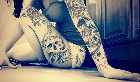 Flower skull thigh tattoo