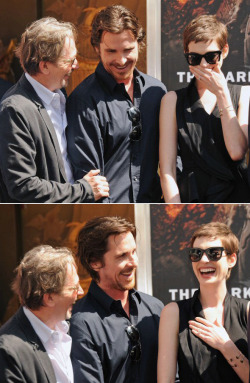 suicideblonde:  Gary Oldman, Christian Bale and Anne Hathaway at Christopher Nolan’s handprint ceremony at Grauman’s Chinese Theater, July 7th