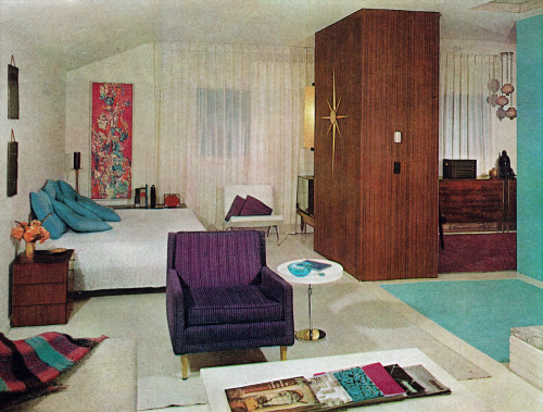 dtxmcclain:  Open bedroom/living area design from House Beautiful magazine, June 1961